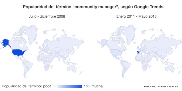 Mapas que indican la popularidad del término "community manager", según Google Trends.