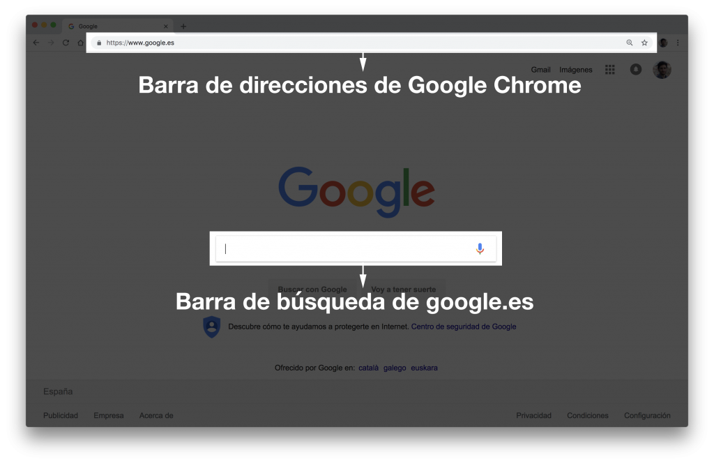 Navegador en el que se destacan la barra superior o barra de direcciones, y la barra de búsqueda de google.es