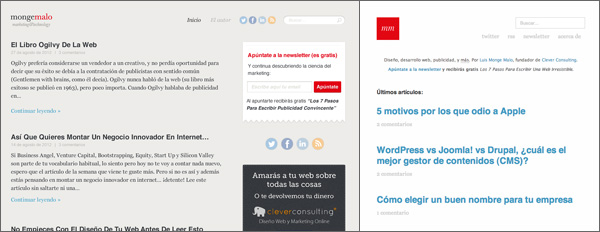 Diseño antiguo de este blog frente al nuevo diseño web minimalista