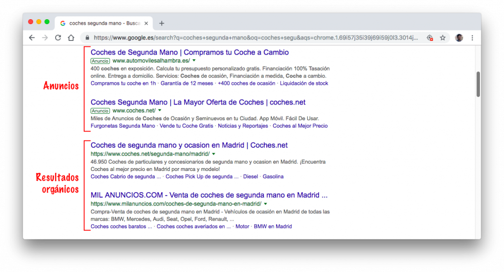 Resultado SEM y SEO para los términos “coches segunda mano”