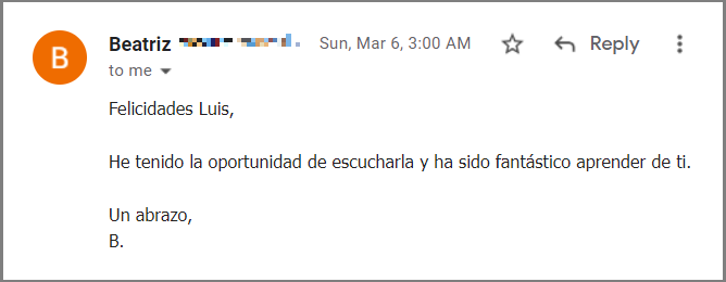 Felicidades Luis,

He tenido la oportunidad de escucharla y ha sido fantástico aprender de ti.

Un abrazo,
B.
