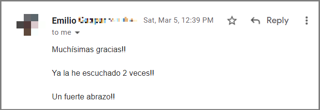 Muchísimas gracias!!

Ya la he escuchado 2 veces!!

Un fuerte abrazo!!